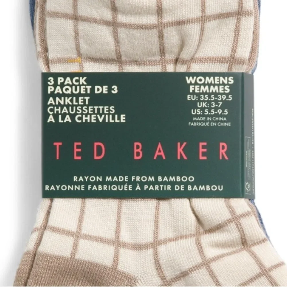 Ted Baker Tan Plaid Blue Dress Crew cut Knit Bamboo Blend Socks 3 pack